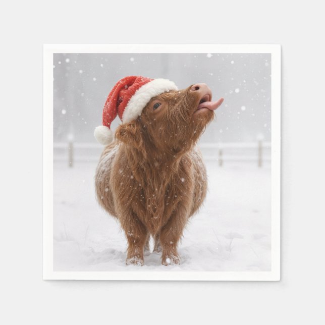 Christmas Highland Cow Catching Snowflakes Pappersservett (Framsidan)