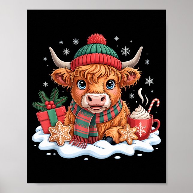 Christmas Highland Cow Cute Heifer Cow Santa Hat M Poster (Framsidan)
