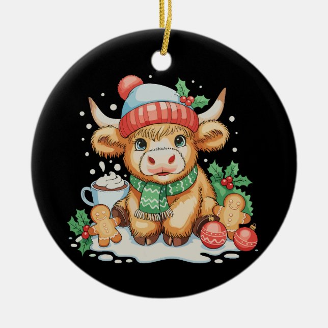 Christmas Highland Cow Cute Heifer Mooey Santa Hat Julgransprydnad Keramik (Framsidan)
