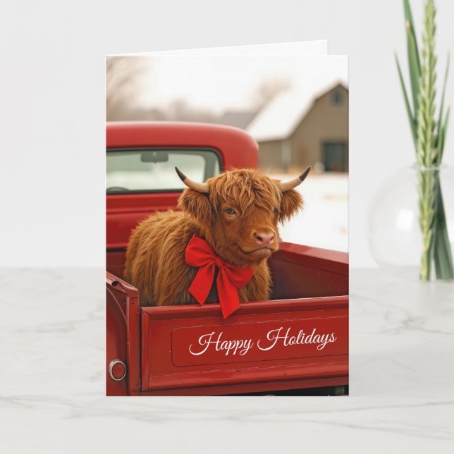 Christmas Highland Cow In Old Red Pickup Truck Kort (Framsida)