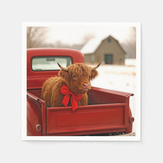 Christmas Highland Cow In Old Red Truck Pappersservett (Framsidan)