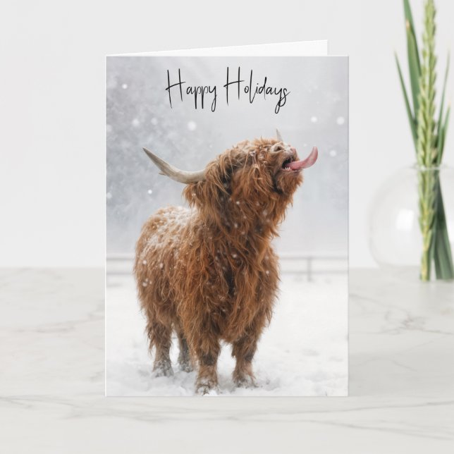 Christmas Highland Cow Licking Snowflakes Card Kort (Framsida)