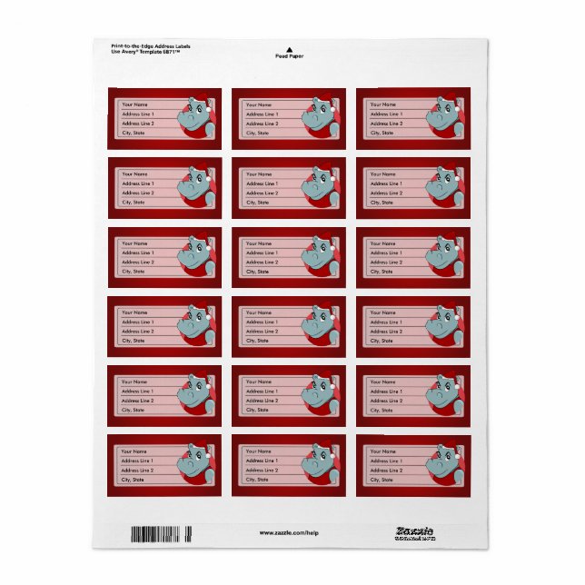 Christmas hippo cartoon adressetikett (Helt Ark)