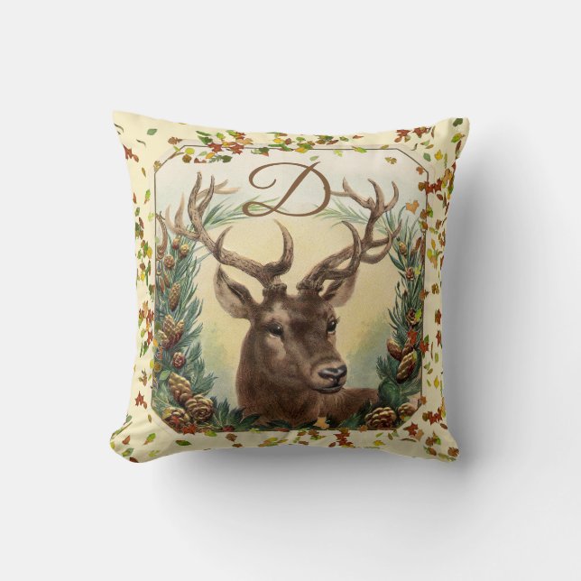 CHRISTMAS HJORT,GRÄS CONES KRONA MONOGRAM Ivory Kudde (Framsida)