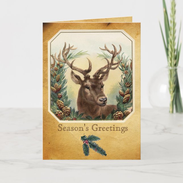 CHRISTMAS HJORT MED GRÄS CONES KRONA PARCHMENT HELGKORT (Framsida)