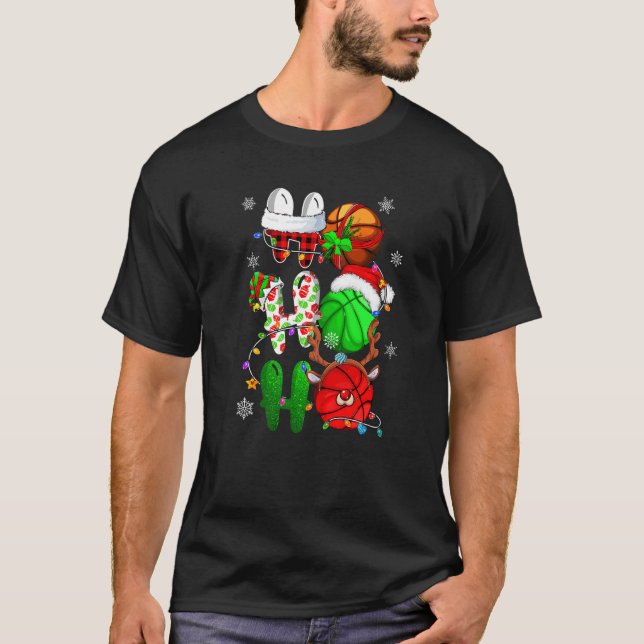 Christmas Ho Ho Ho Basketball  Santa Reindeer Elf  T Shirt (Framsida)