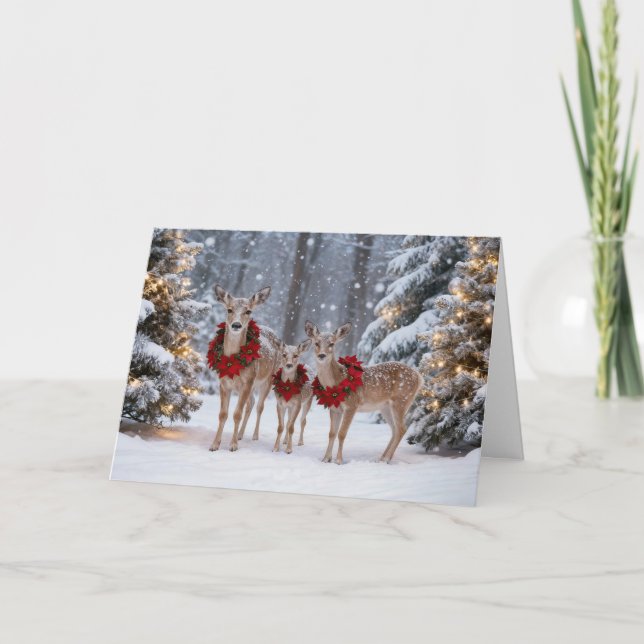 Christmas Holiday Cute Deer Family with Wreaths  Kort (Framsida)