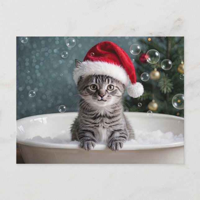 Christmas Holiday Cute Kitten Cat in Bubble Bath  Helg Vykort (Framsida)