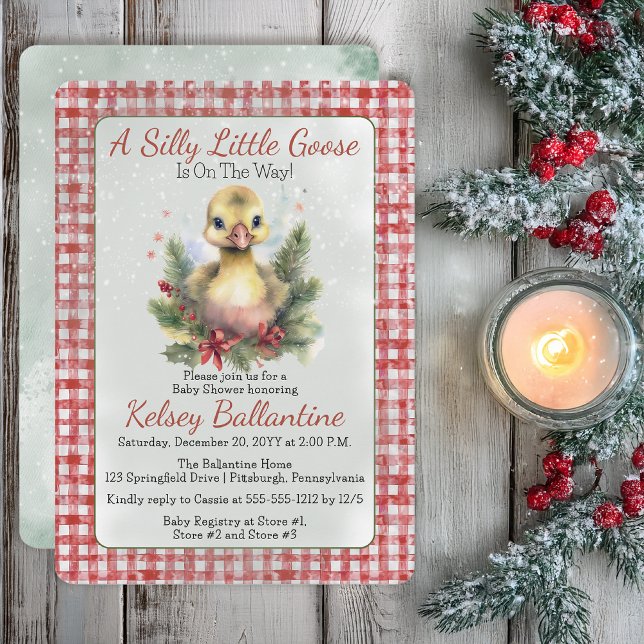 Christmas Holiday Goose Gosling Baby Shower Inbjudningar (Cute Christmas Holiday Goose Gosling "A Silly Little Goose" Gingham Checks Baby Shower Invitation)