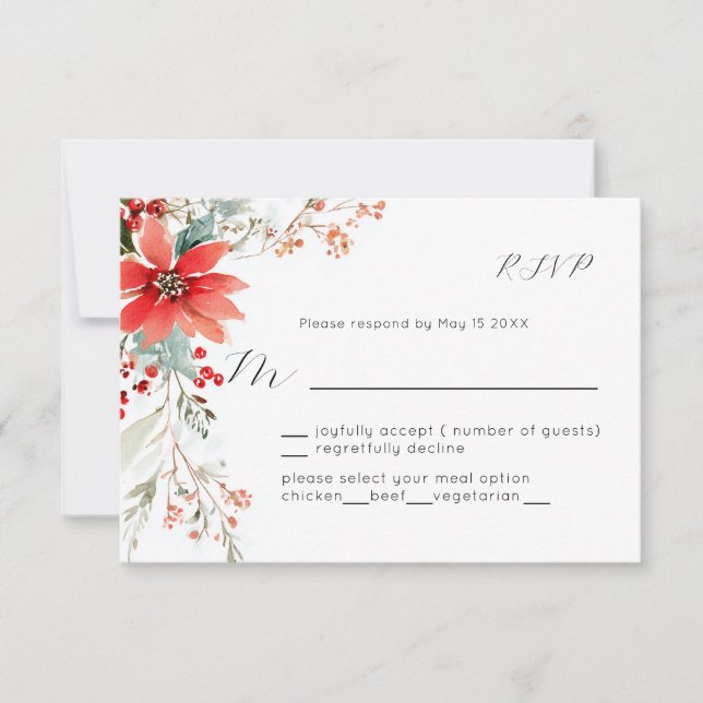 Christmas Holiday Poinsettia floral Wedding RSVP OSA Kort (Framsida)