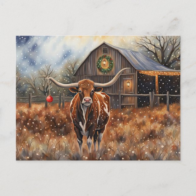 Christmas Holidays Longhorn Cow Cute Country Vykort (Framsida)