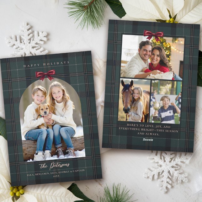Christmas Holidays Plaid Tartan Arch Bow 4-Photo  Julkort (plaid tartan christmas photo card elegant 4 photos traditional classic scottish green red bow)