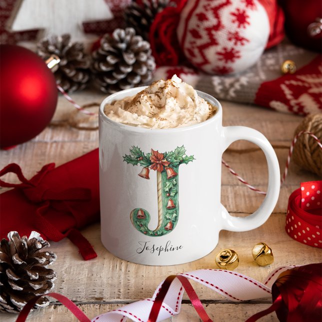 Christmas Holly & Bells Letter J Personalized Name Kaffemugg (Christmas Holly & Bells Letter J Personalized Name Coffee Mug)
