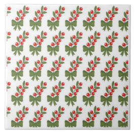 Christmas Holly Berries & Green Bow Pattern Kakelplatta