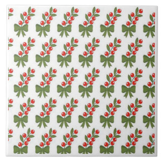 Christmas Holly Berries & Green Bow Pattern Kakelplatta