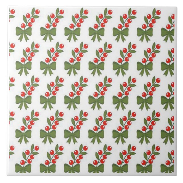 Christmas Holly Berries & Green Bow Pattern Kakelplatta (Framsidan)