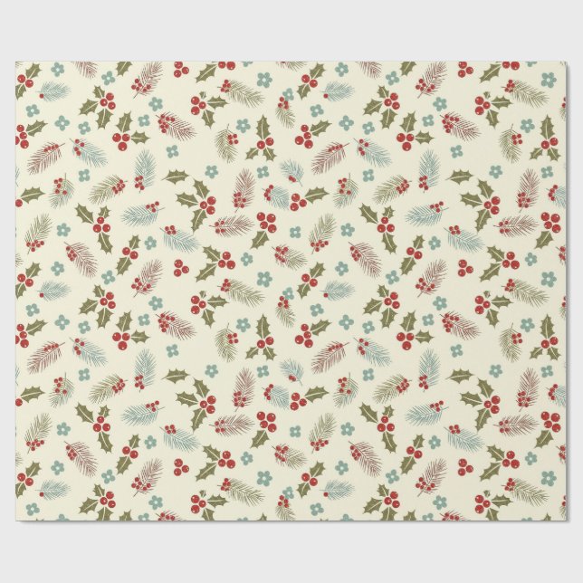 Christmas Holly Berries & Pine Seamless Pattern Presentpapper (Platt)