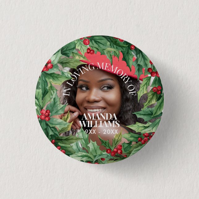 Christmas Holly Berry Personalized Photo Memorial Knapp (Framsida)