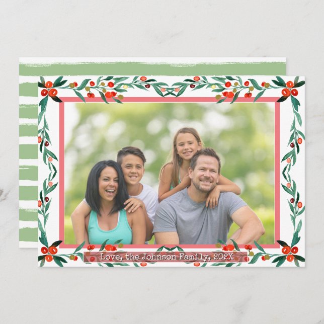 Christmas Holly Botanical Watercolor Foliage Photo Julkort (Fram/baksida)