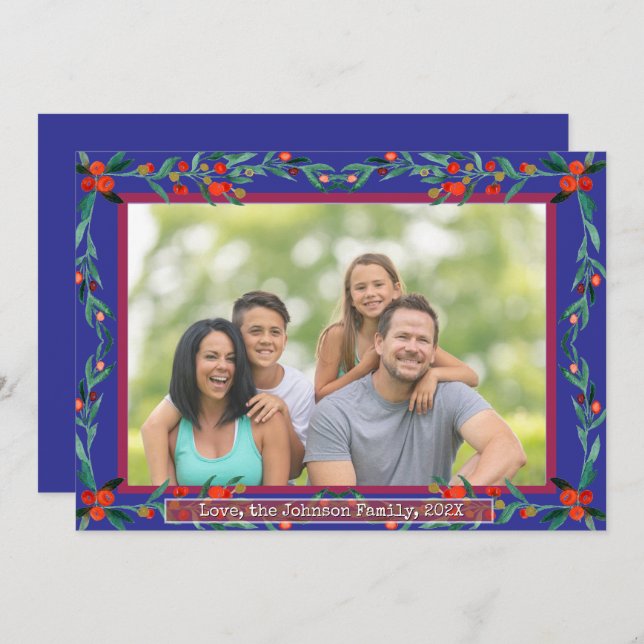 Christmas Holly Botanical Watercolor Foliage Photo Julkort (Fram/baksida)