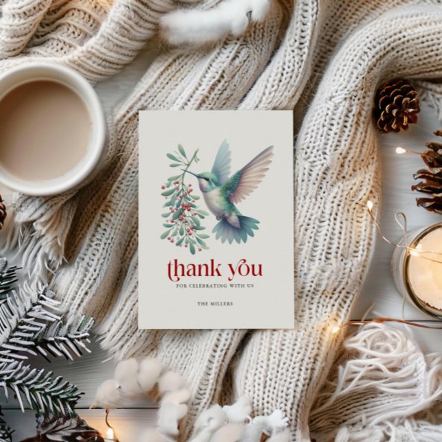 Christmas Holly Hummingbird Thank You Typography Tack Kort (Skapare uppladdad)