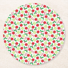 Christmas Holly Poinsettias Cute Floral Pattern 6 Underlägg Papper Rund