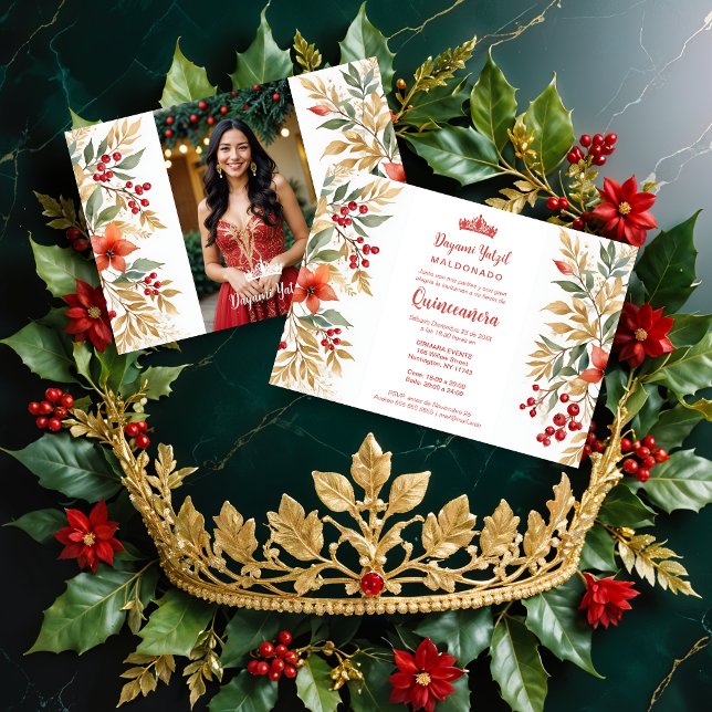Christmas Holly Sweet Floral Spanish Photo Mis XV Inbjudningar (Christmas Inspirations Holly Sweet Floral Spanish Photo Mis XV Invitations Cards. )