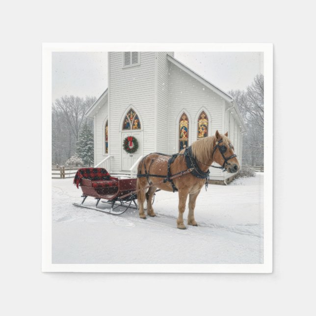Christmas Horse-Drawn Sleigh Waiting By a Chapel Pappersservett (Framsidan)