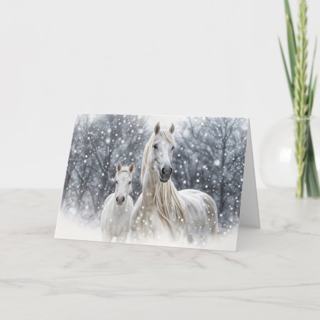 Christmas Horses White Mare and Foal in the Snow  Helgkort (Framsida)