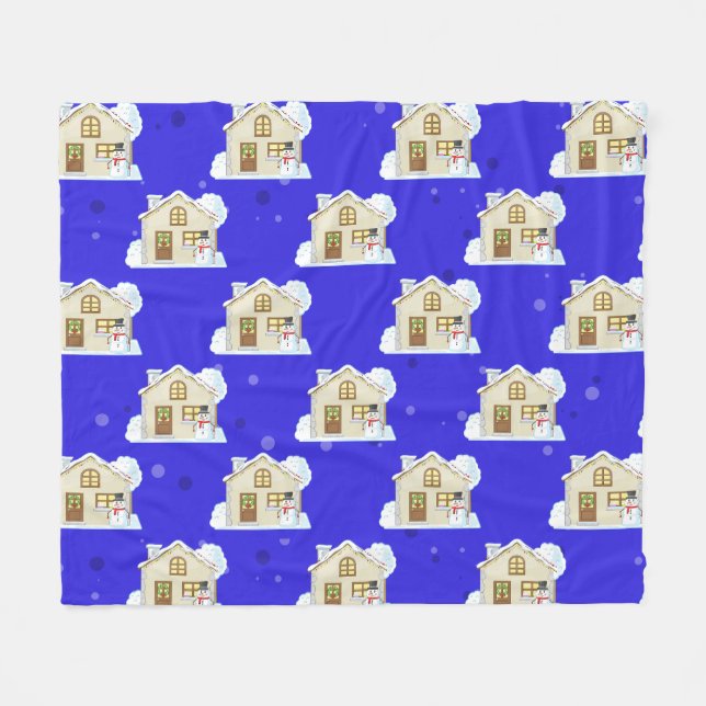 Christmas House Pattern - Blue Background  Fleecefilt (Framsidan (Horisontell))