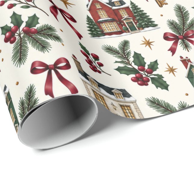 Christmas House Pattern Wrapping Paper Presentpapper (Rullad Hörn)