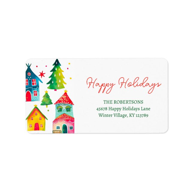 Christmas Houses Happy Holidays Adressetikett (Framsidan)