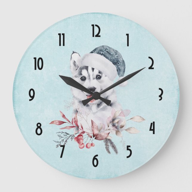 Christmas Husky Dog in a Santa Hat Stor Klocka (Framsida)