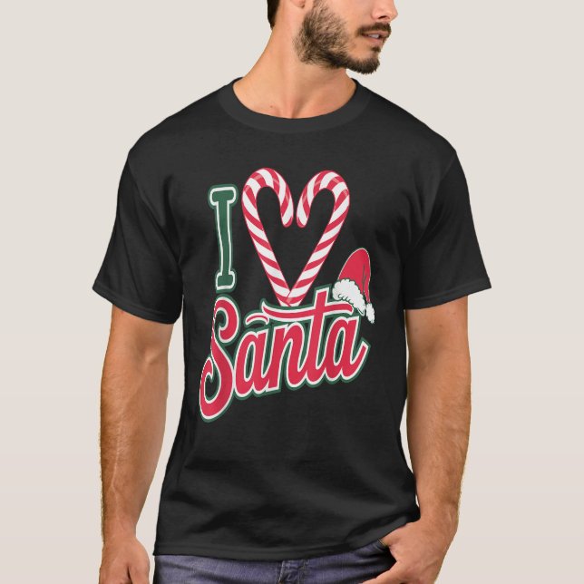 Christmas I Love Santa Candy Cane Heart Men Women  T Shirt (Framsida)