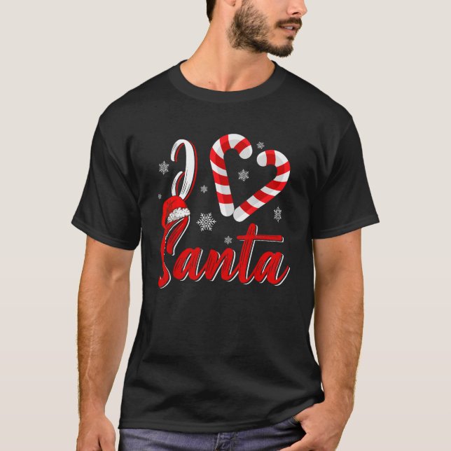 Christmas I Love Santa Candy Cane Heart Men Women  T Shirt (Framsida)