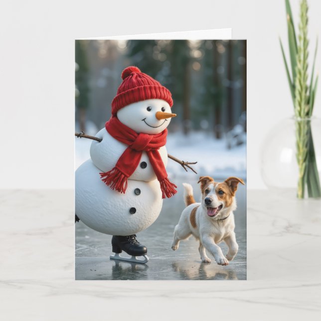 Christmas Ice Skating Snowman With Dog Helgkort (Framsida)