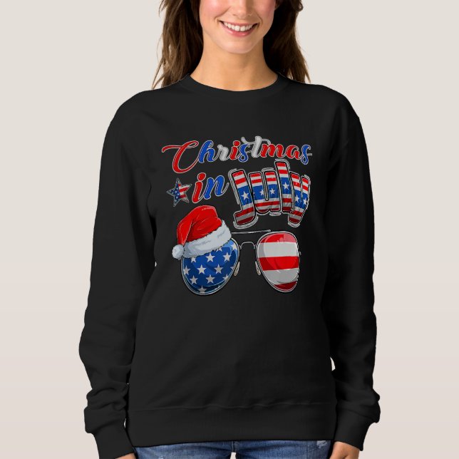 Christmas In July American Flag Santa Hat Sunglass T Shirt (Framsida)