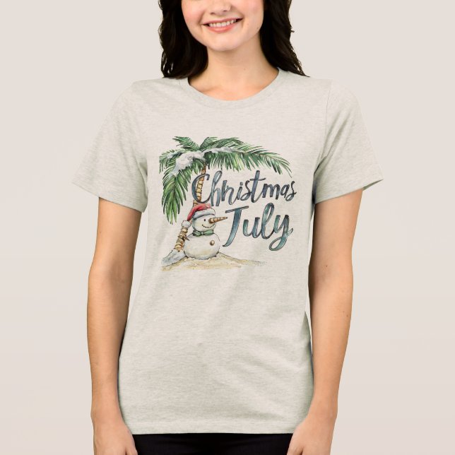 Christmas in July Beach Snowman & Palm Tree T Shirt (Framsida)