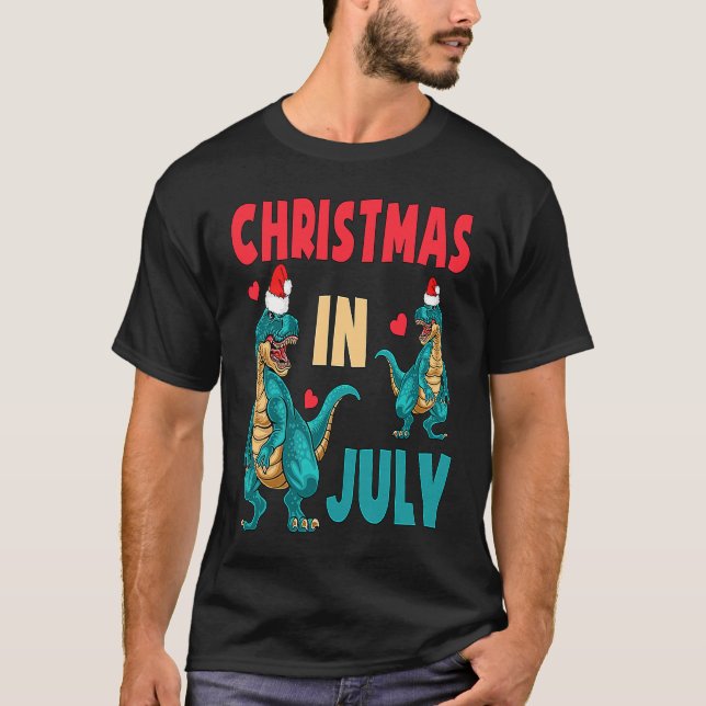 Christmas In July Dinosaur Xmas Santa Hat Kids Rex T Shirt (Framsida)