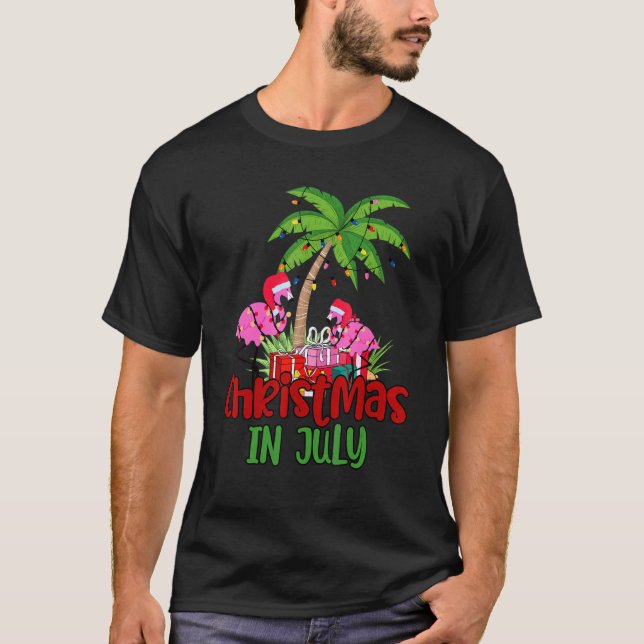 Christmas In July Flamingo Palm Tree 4th Of July T Shirt (Framsida)