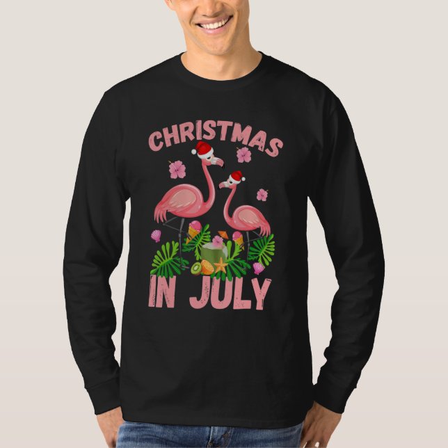 Christmas in July Pink Flamingo Funny Xmas Men Wom T Shirt (Framsida)
