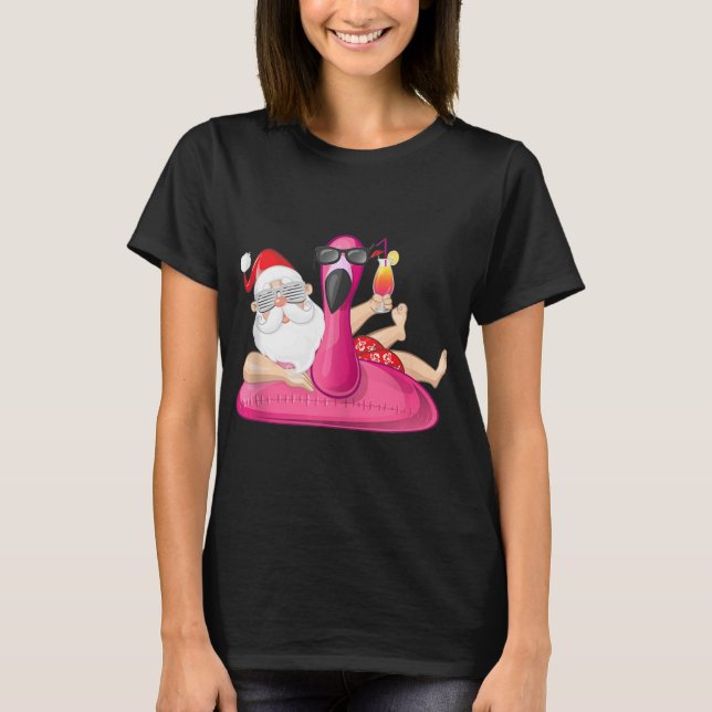 Christmas in July Santa Hawaii Flamingo Summer Vac T Shirt (Framsida)
