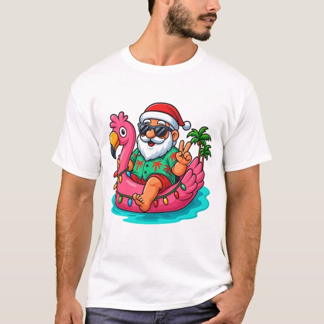 Christmas In July Santa Swimming At Pool Flamingo  T Shirt (Framsida)