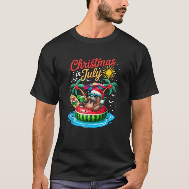 Christmas In July Santa Walrus Sunglasses Relaxing T Shirt (Framsida)