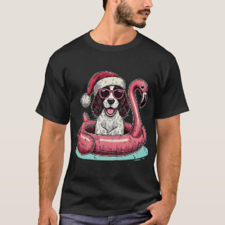 Christmas in July Springer Spaniel Santa Flamingo  T Shirt