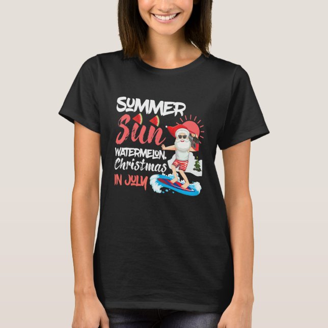 Christmas In July Summer Sun Santa Surfing Waterme T Shirt (Framsida)