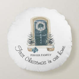 Christmas In Our New Home Watercolor Sage Green Rund Kudde