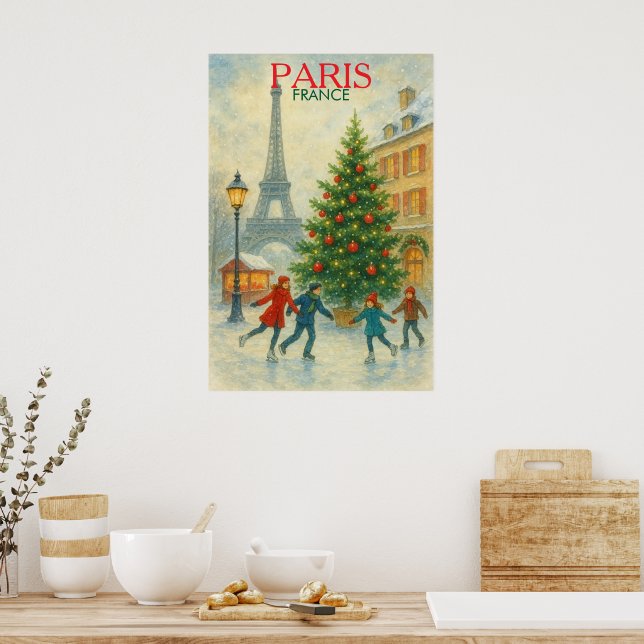 Christmas in Paris Art Print – Eiffel Tower Winter Poster (Kök)
