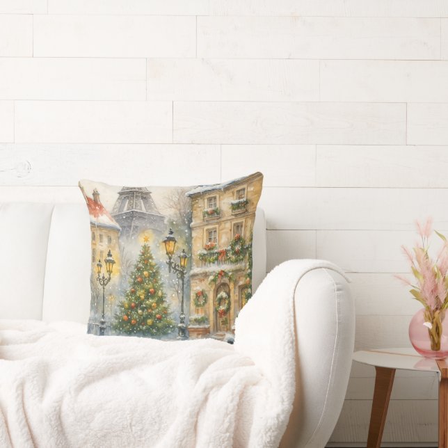 Christmas in Paris Watercolor Eiffel Tower Scene Kudde (Soffa)