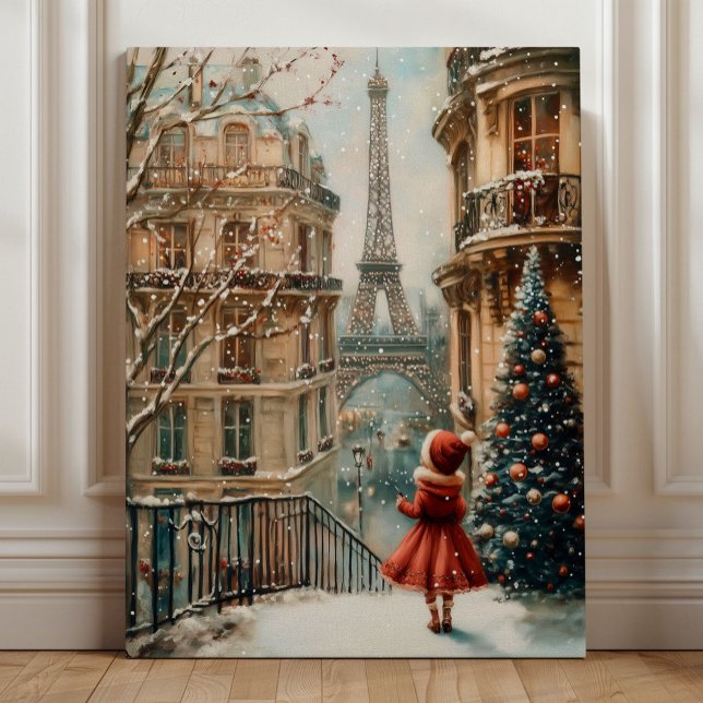 Christmas in Paris – Whimsical Winter Eiffel Tower Canvastryck (Christmas in Paris – Whimsical Winter Eiffel Tower Art by Nicole Cossairt)